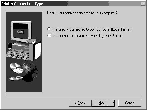 В качестве типа соединения следует выбрать It is directly connected to your computer (Local Printer)