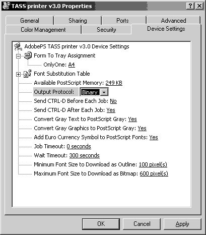 На закладке Device Settings выберете Output protocol - Binary